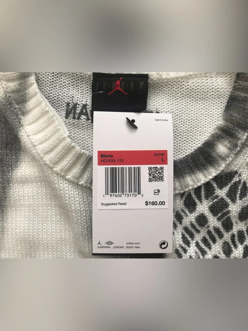 Size Large Mens Air Jordan Print Loose Fit Knit Sweater White Gray HQ1635-133